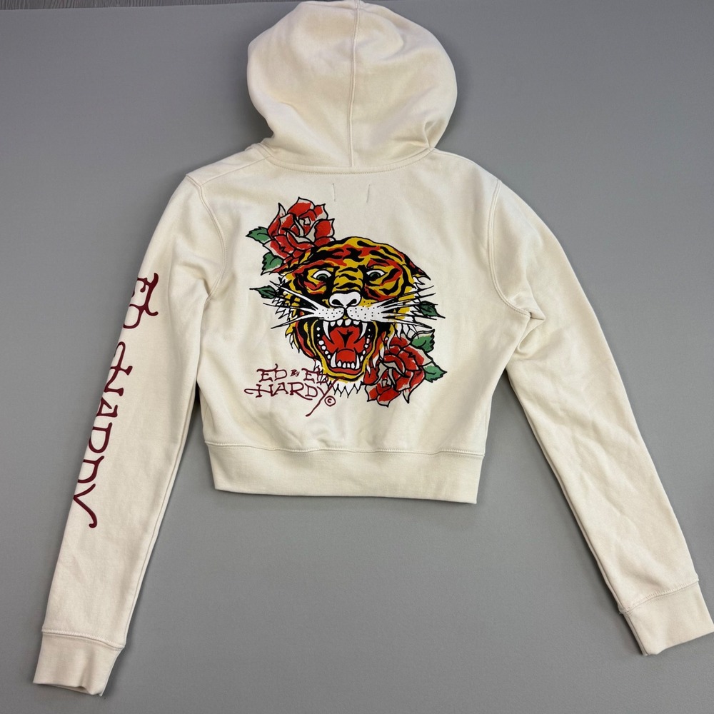 NWOT Ed Hardy Tiger & Rose Ivory Cropped Hoodie Y2K Graphic Full Zip Size Large